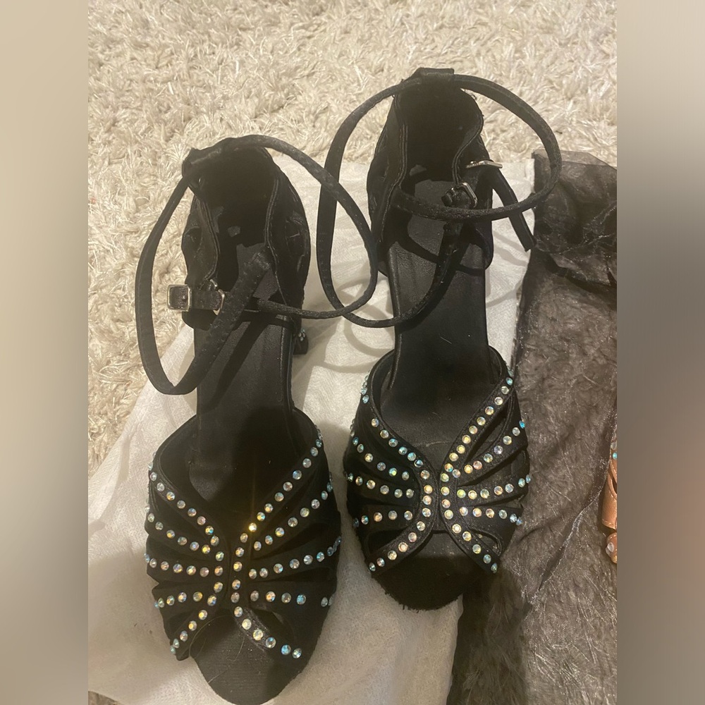 Black suede sole dancing shoes with rhinestones, super comfy. Great condition